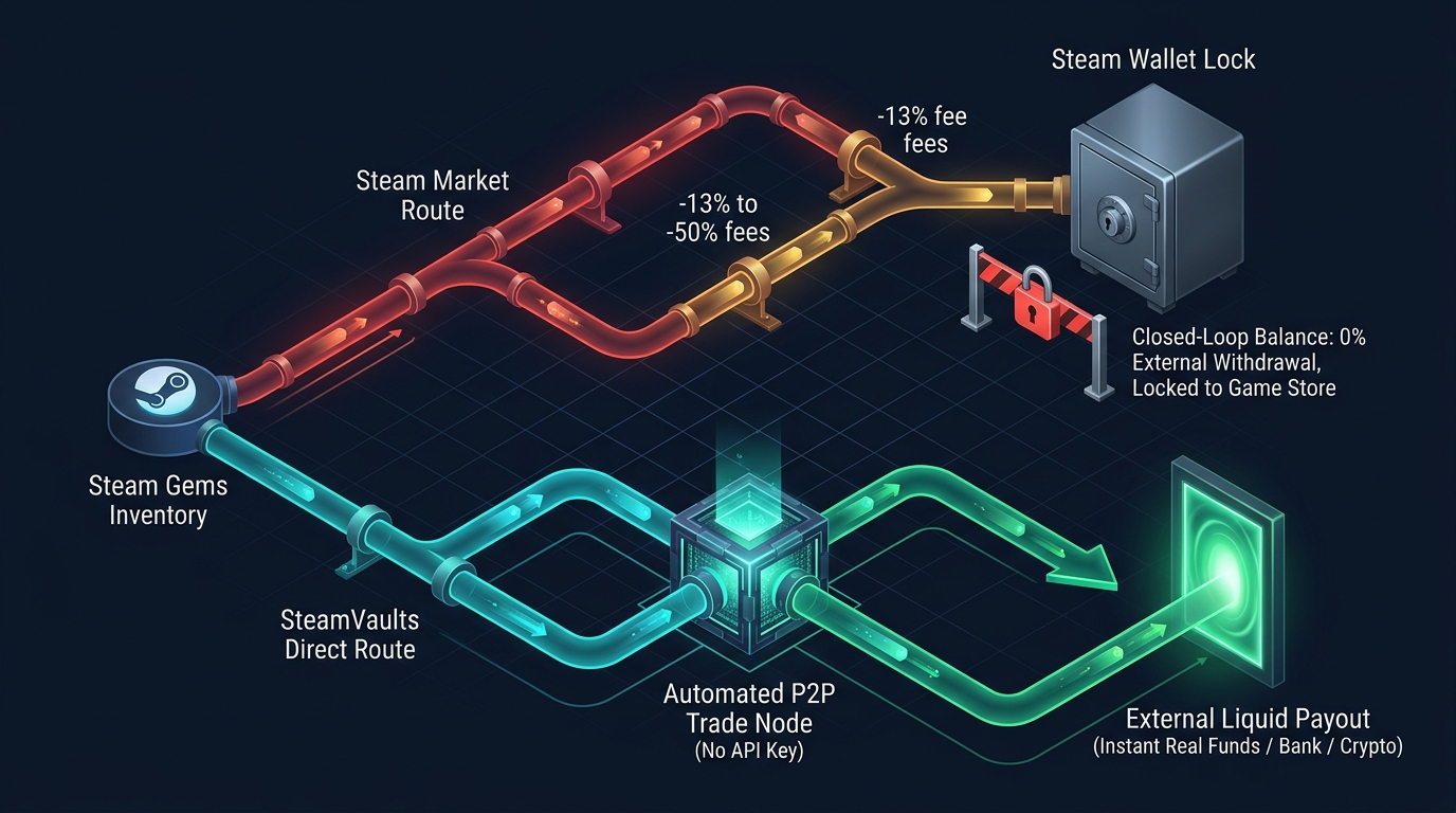 Financial routing diagram comparing Steam market wallet lock with SteamVaults payout