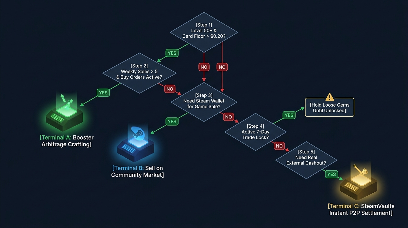 Operational decision flowchart pipeline for optimal gem liquidation routing