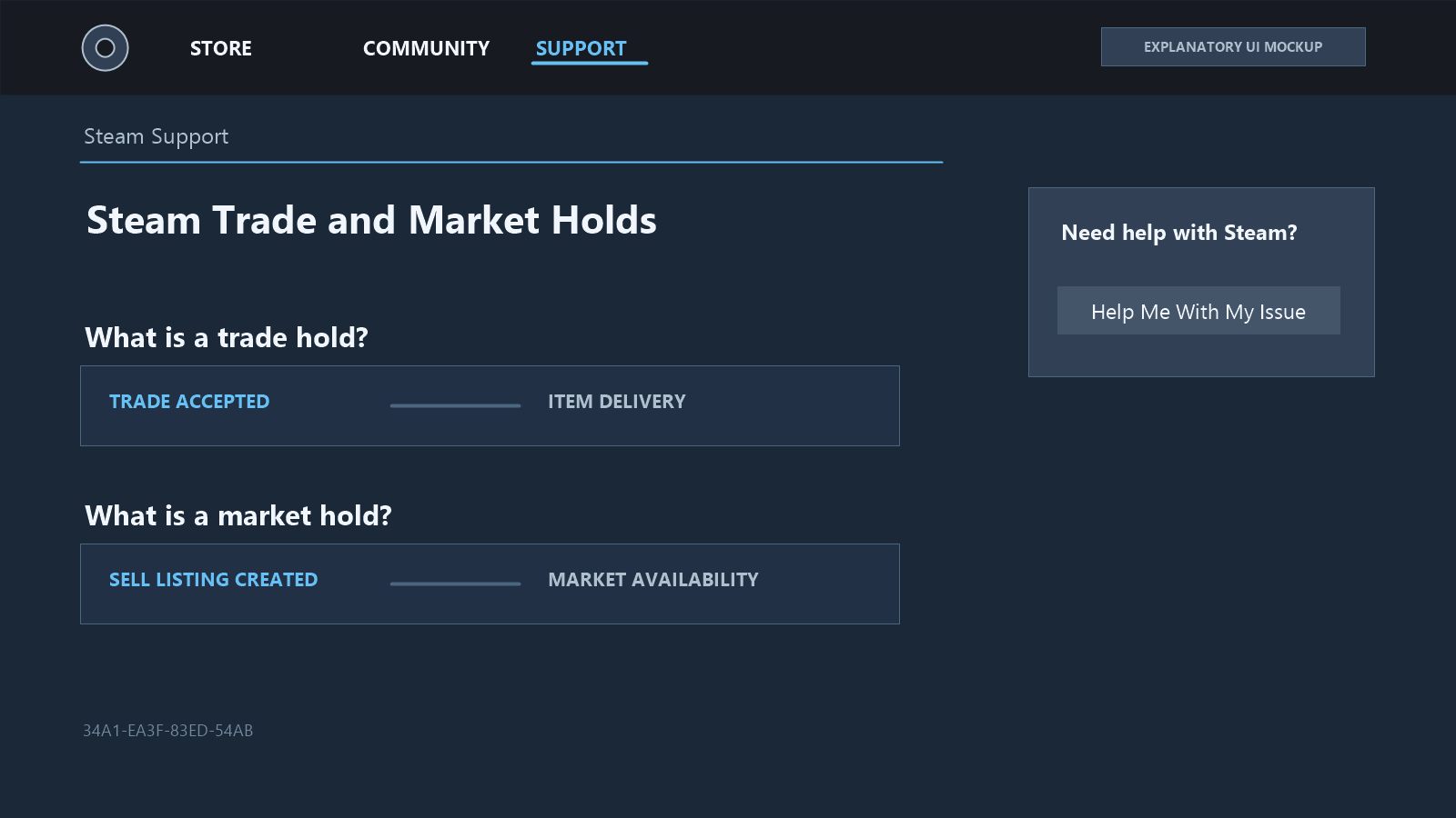Mô phỏng giải thích Steam Support với hai mục Trade Hold và Market Hold riêng biệt