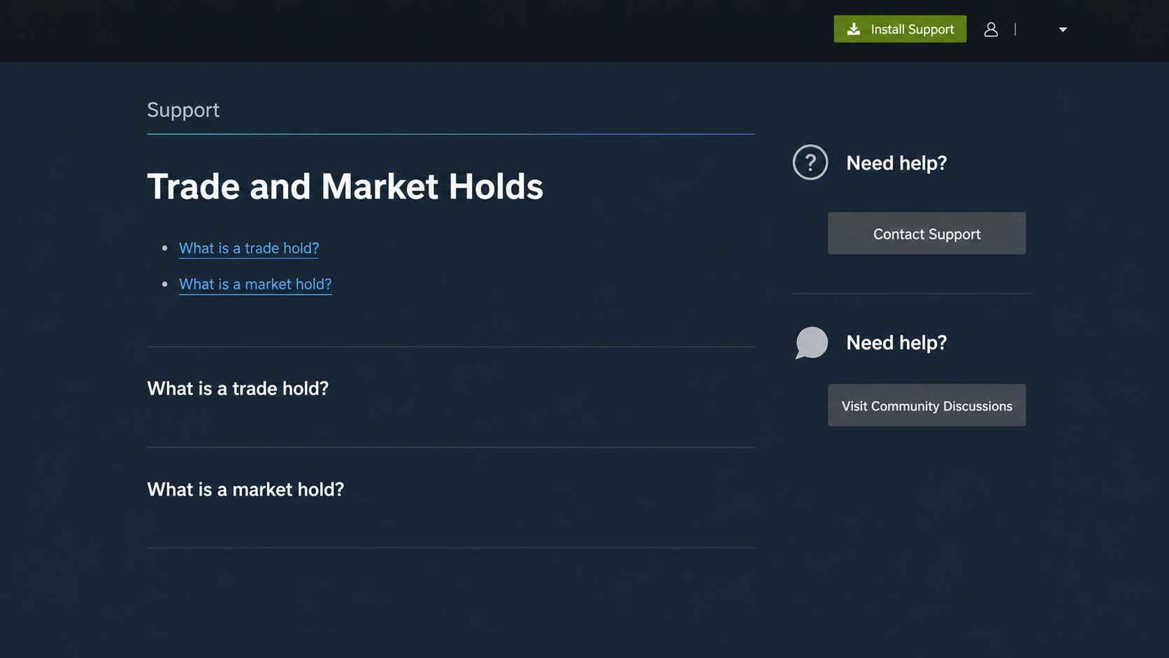 Maqueta explicativa de Steam Support con secciones separadas para Trade Hold y Market Hold