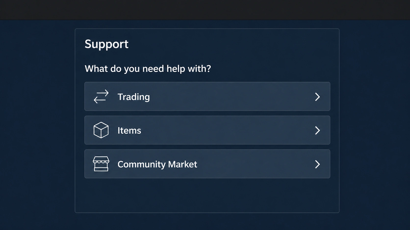 Maqueta explicativa de Steam Support con las opciones Trading, Items y Community Market