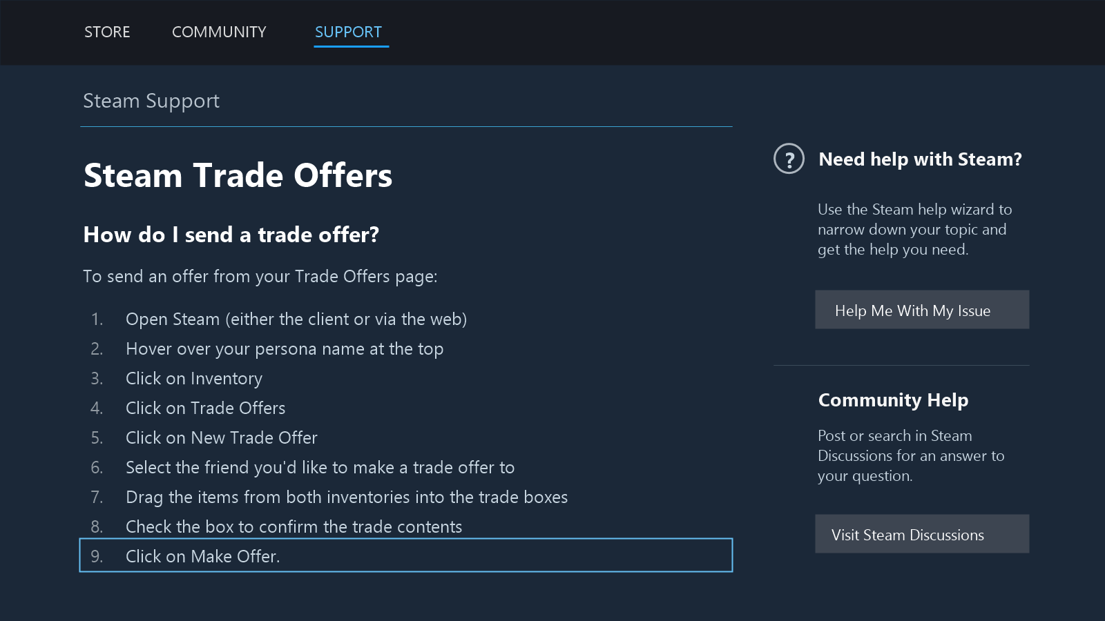 Steam Support mockup showing the documented steps for creating a trade offer.