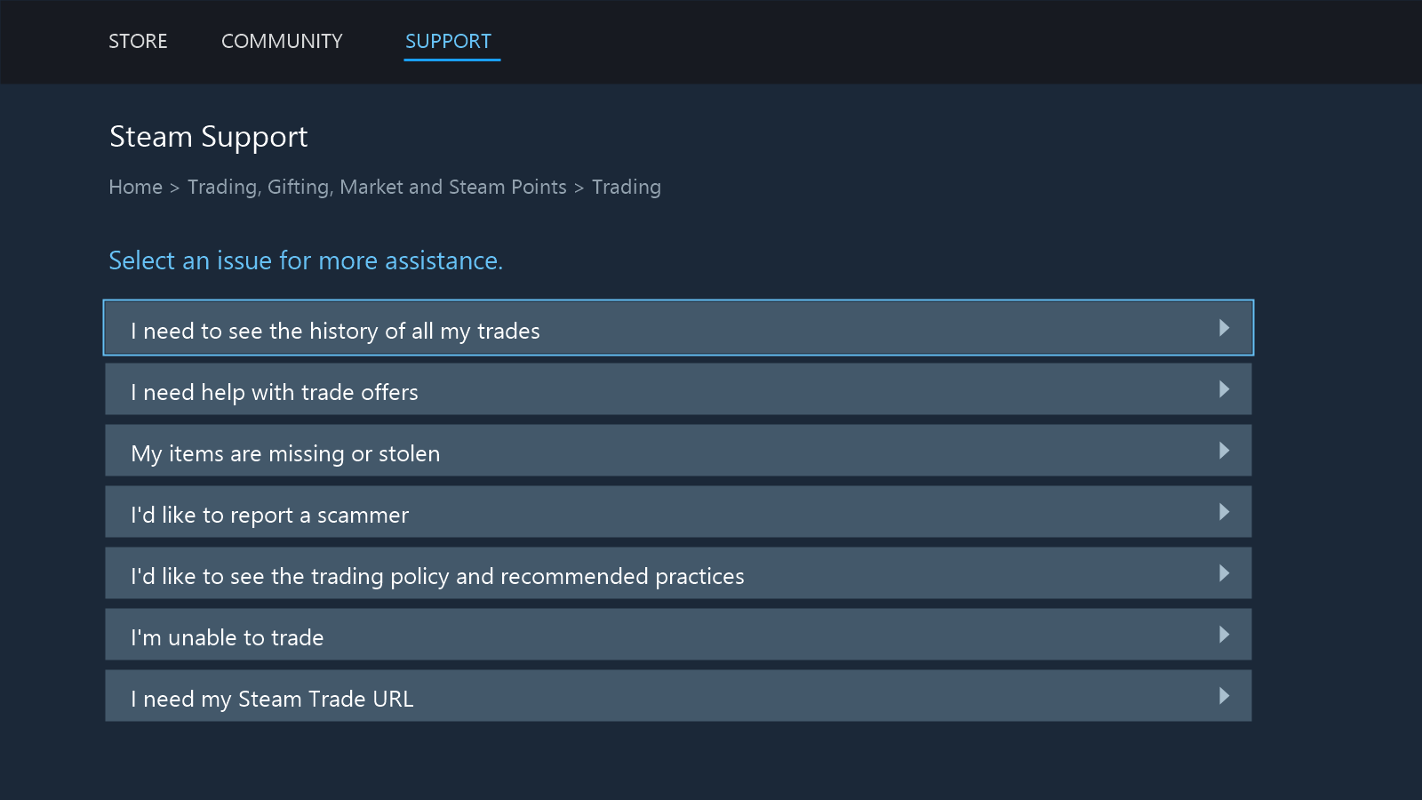 Steam Trading support menu with the trade-history route highlighted.