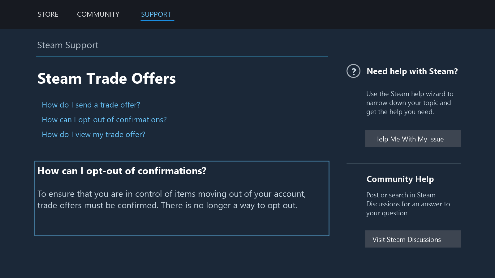 Steam Support FAQ mockup showing the confirmation requirement and offer-viewing topic.