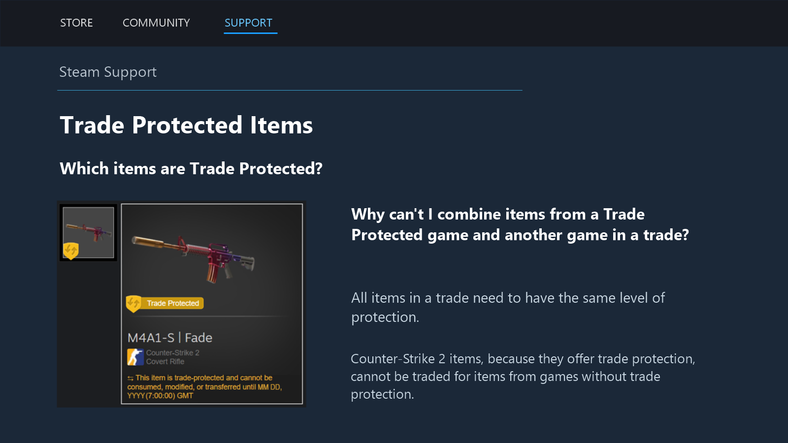 Steam Support mockup with the official Trade Protected inventory illustration and item-combination rule.