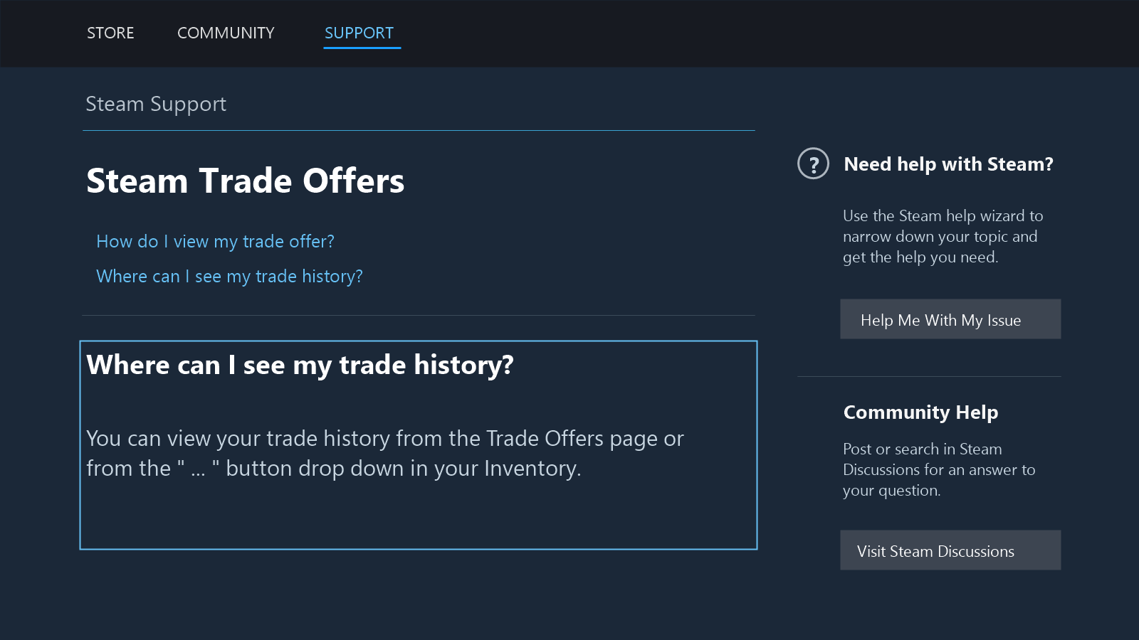 Steam Support FAQ mockup showing where to open Steam trade history.