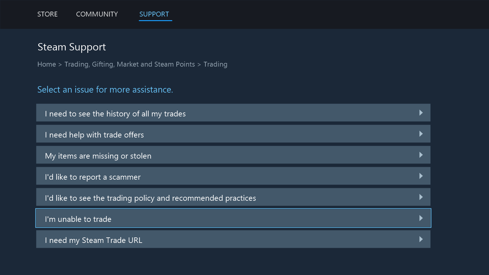 Steam Trading support menu with the unable-to-trade help route highlighted.