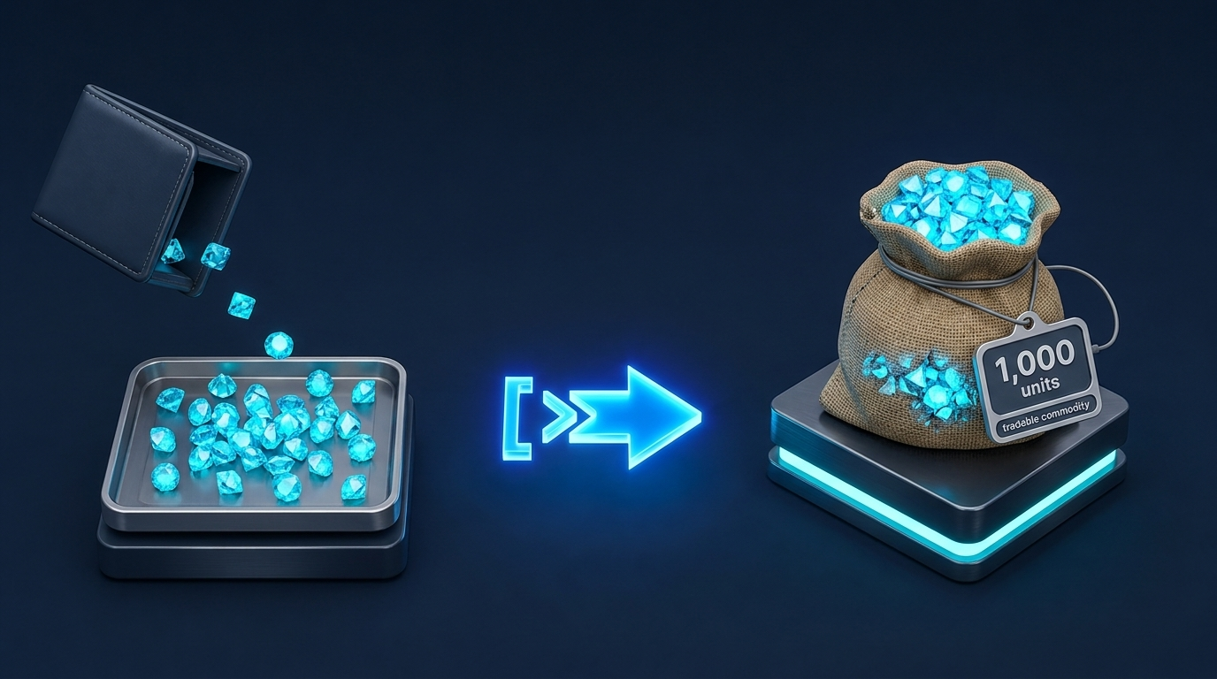 Diagram comparing loose inventory gems with a packed tradable Sack of Gems