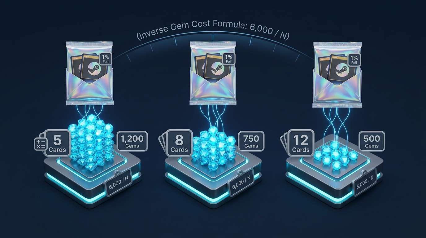 The Steam booster pack creator interface showing gem costs per game set