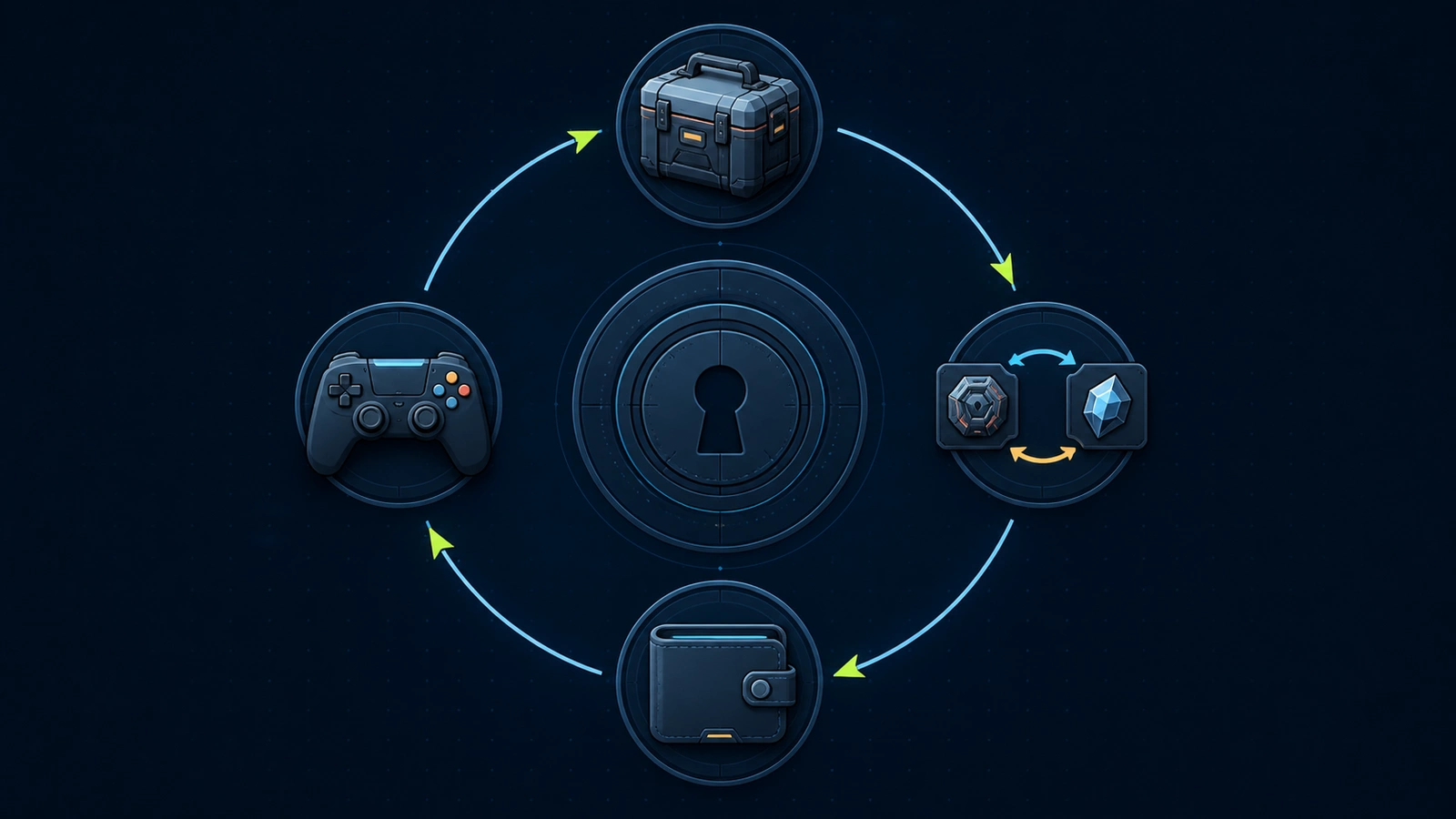 物品、社群市集、Steam 錢包與下一款遊戲彼此循環連結的示意圖