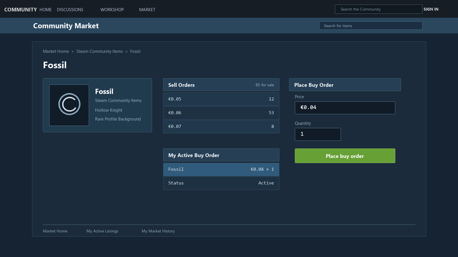 Mockup do Steam Community Market com anúncios de venda atuais e uma ordem de compra ativa com preço máximo