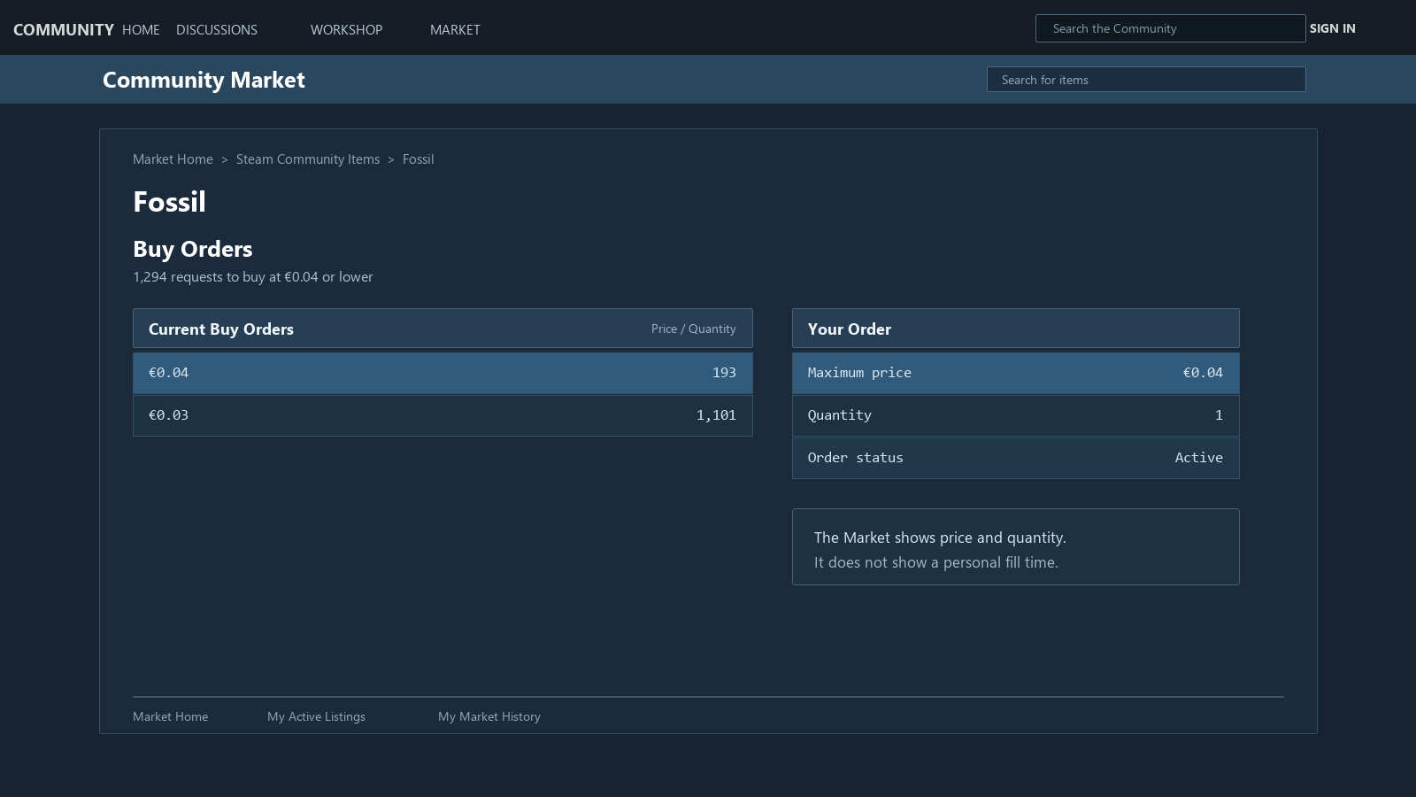 Mockup do Steam Community Market com a tabela atual de Buy Orders e a ordem de compra ativa de uma pessoa