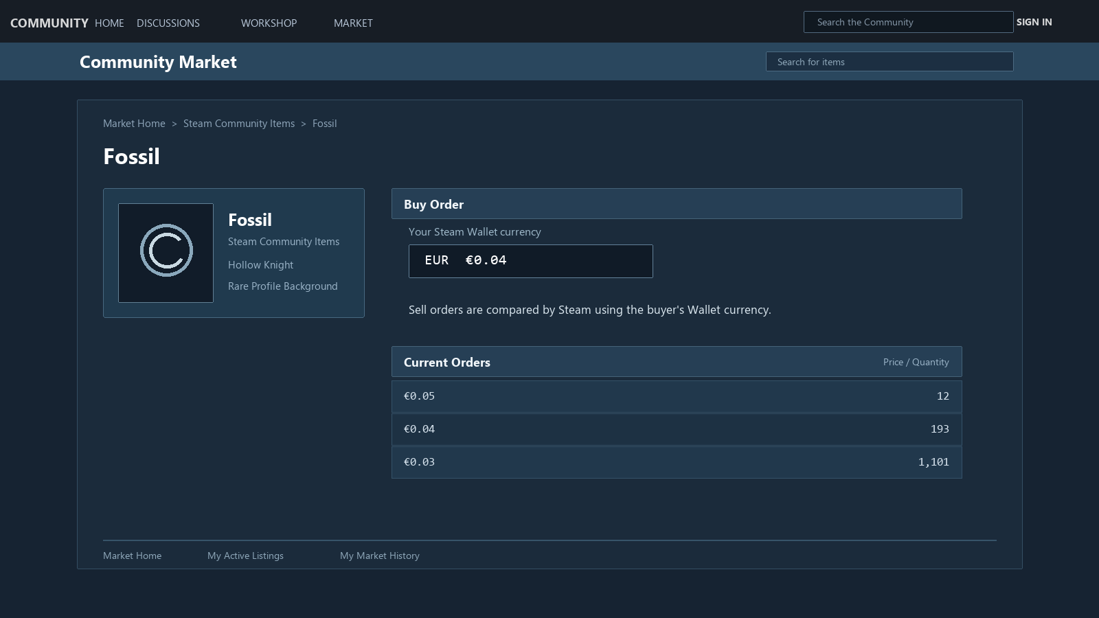 Mockup do Steam Community Market com o campo de ordem de compra, a moeda da Carteira Steam e a tabela de ordens atual