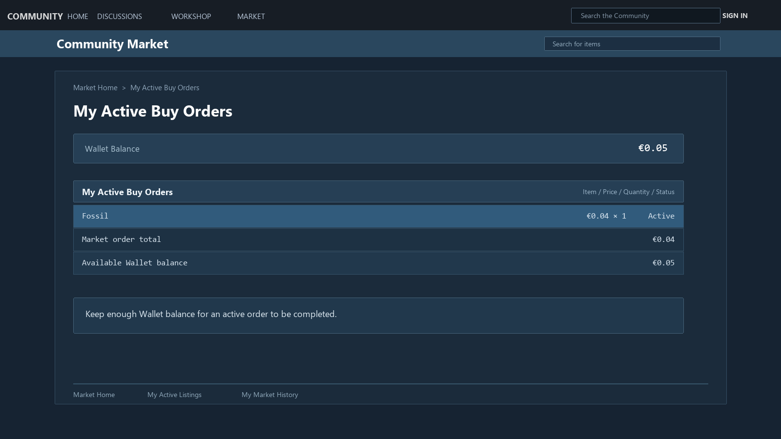 Mockup do Steam Community Market mostrando o saldo da Carteira e uma ordem de compra ativa