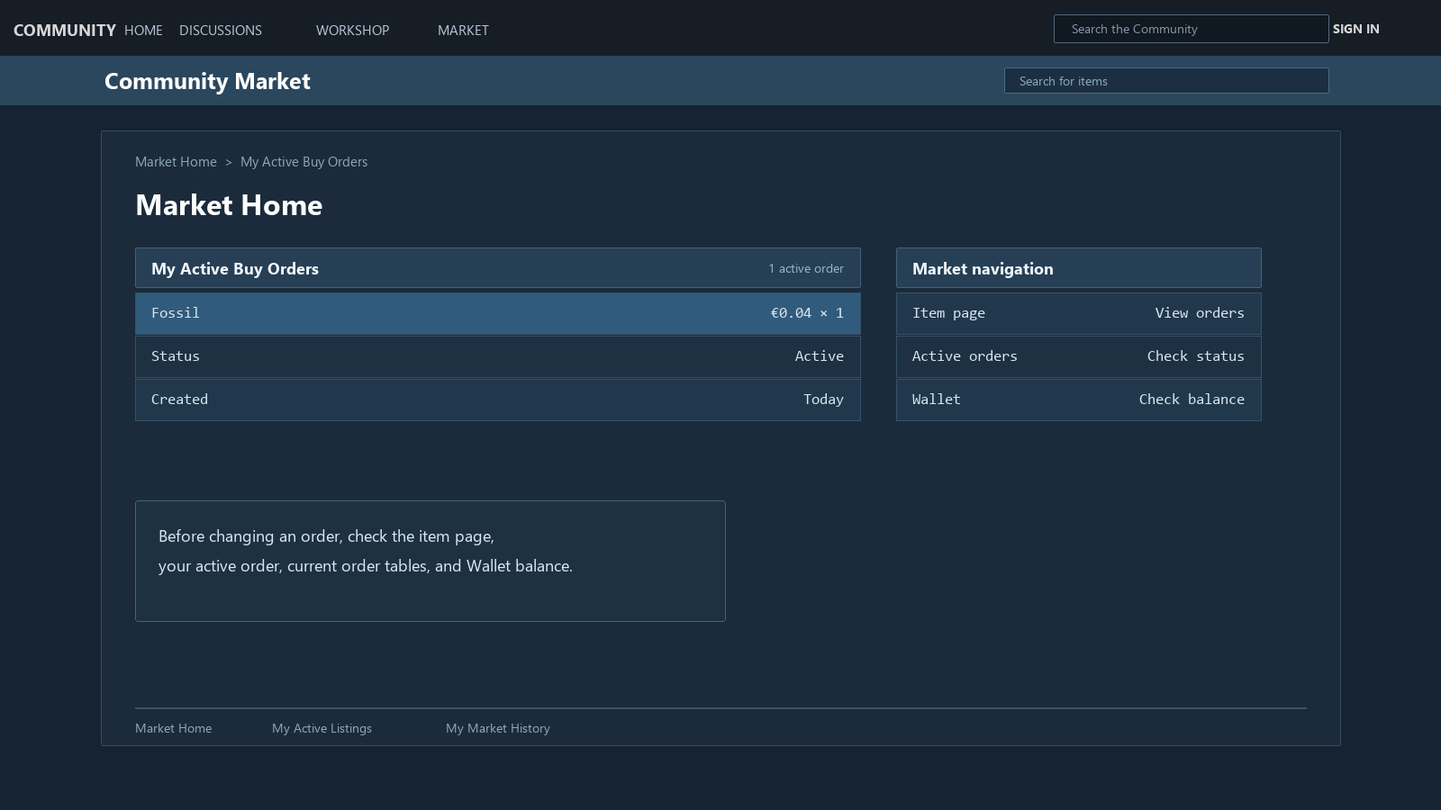 Mockup do Steam Community Market mostrando ordens de compra ativas e itens de navegação do Mercado
