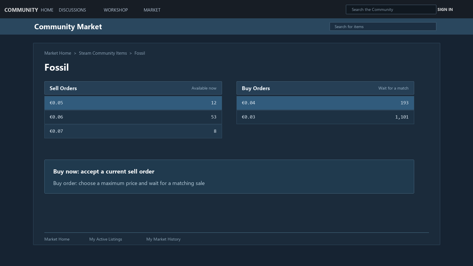 Mockup do Steam Community Market com Sell Orders atuais e Buy Orders aguardando lado a lado