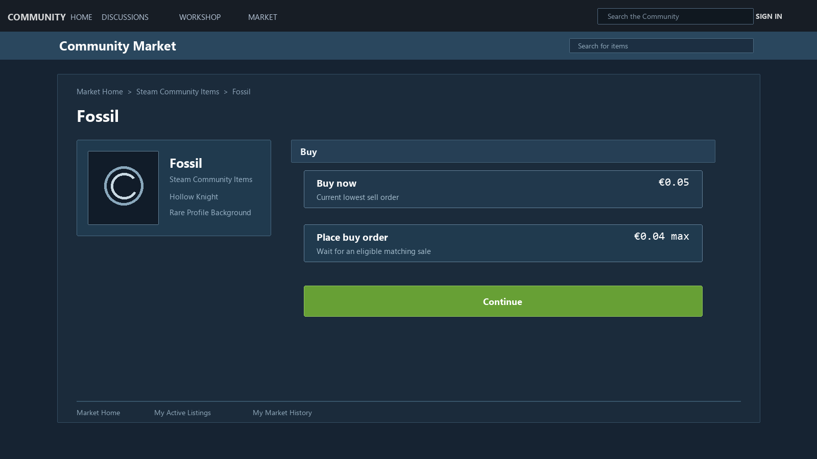 Mockup do Steam Community Market mostrando a escolha entre comprar o anúncio atual e deixar uma ordem de compra com preço máximo
