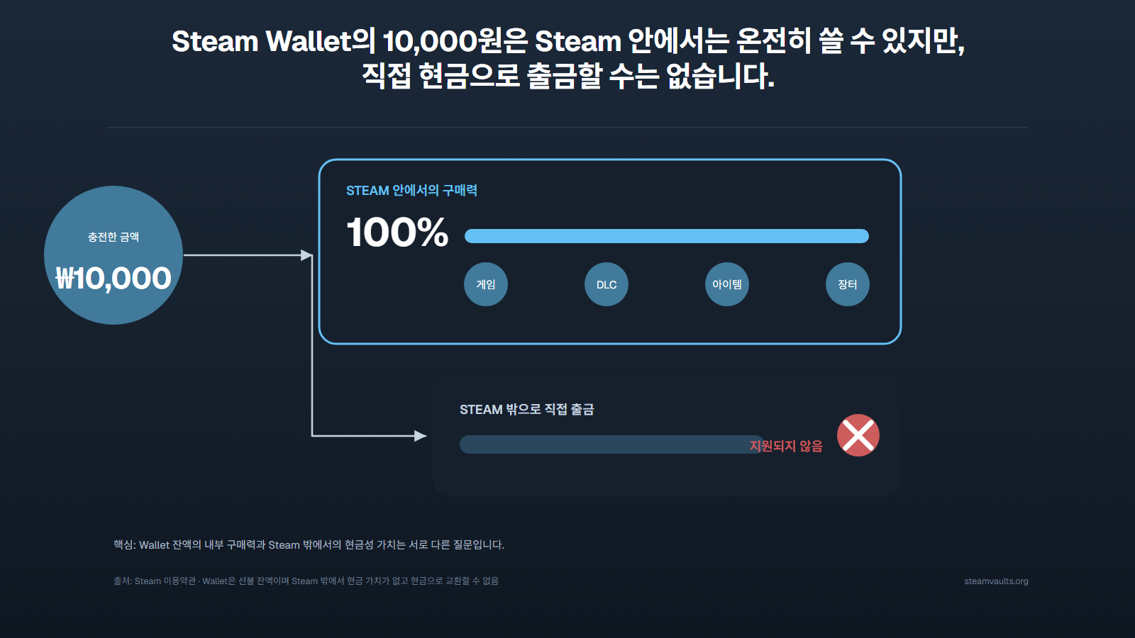Steam Wallet 1만 원의 Steam 내부 구매력은 100%이지만 Steam 밖으로 직접 출금하는 기능은 지원되지 않는다는 비교 흐름도