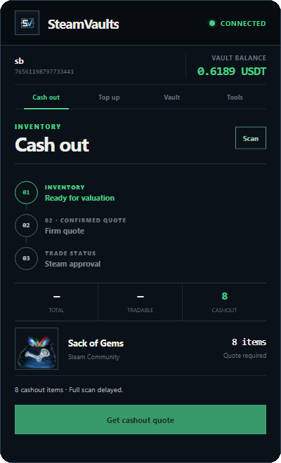 Actual v0.7.6 interface: Cash out